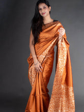 Flosive traditional golden zari work honey orange soft banarasi saree